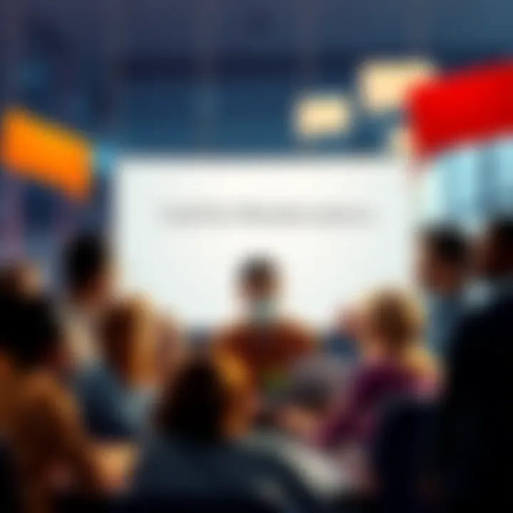 A group of diverse people engaging in a discussion online, symbolizing community involvement and moderation, with chat bubbles representing conversation.