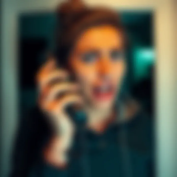 A person holding a phone with a worried expression, looking shocked as they speak on a call. The background shows an unclear, dark scene suggesting tension.