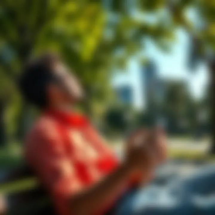 A relaxed person enjoying a sunny park while looking at a smartphone with market charts in the background