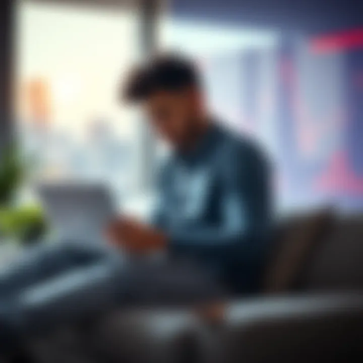 A person relaxed while checking their investments on a laptop, with a peaceful setting and charts in the background.