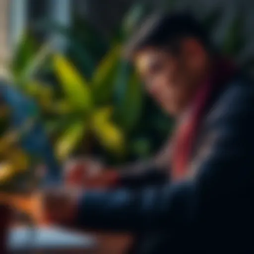 A calm investor looking at financial charts on a laptop while surrounded by green plants, showing focus and confidence in investment decisions.