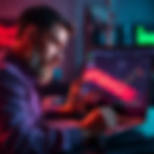 A serious investor studying cryptocurrency charts on a laptop, showing various market trends, with a focused expression, representing patience in investing.