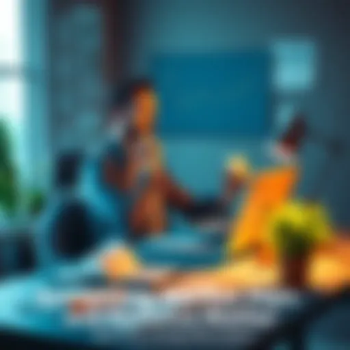 An investor sitting calmly at a desk with a laptop, looking thoughtfully at market charts while sipping coffee, surrounded by financial news papers and a potted plant.