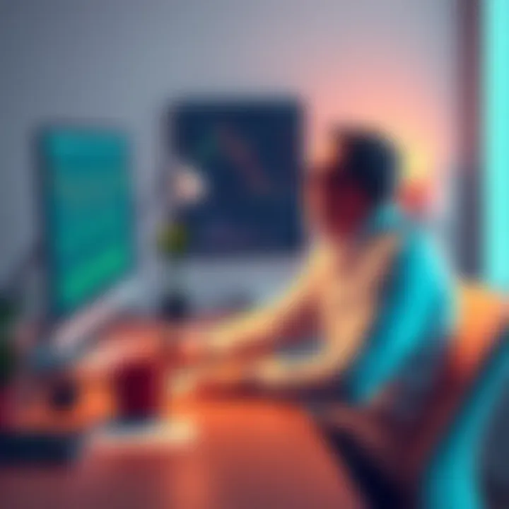 An investor sitting calmly at a desk, looking at crypto charts on a computer screen, with a notepad for notes. There are calming elements like a plant and a mug of tea on the desk.