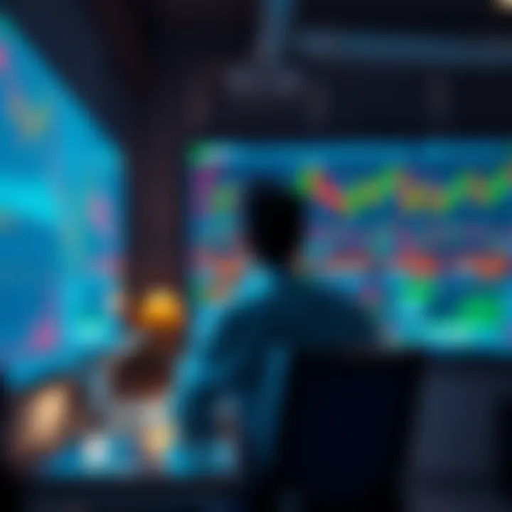 A relaxed person sitting calmly at a desk, looking at a computer screen displaying stock market graphs, symbolizing the strategy of patience in investing.