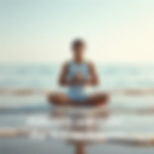 A person sitting cross-legged on a calm beach, practicing meditation with a serene expression, surrounded by gentle waves and a clear sky.