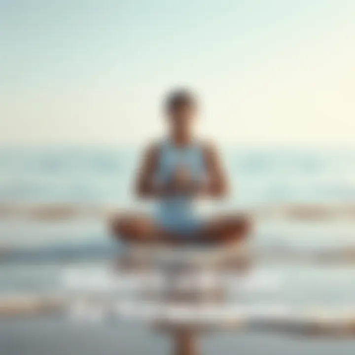 A person sitting cross-legged on a calm beach, practicing meditation with a serene expression, surrounded by gentle waves and a clear sky.