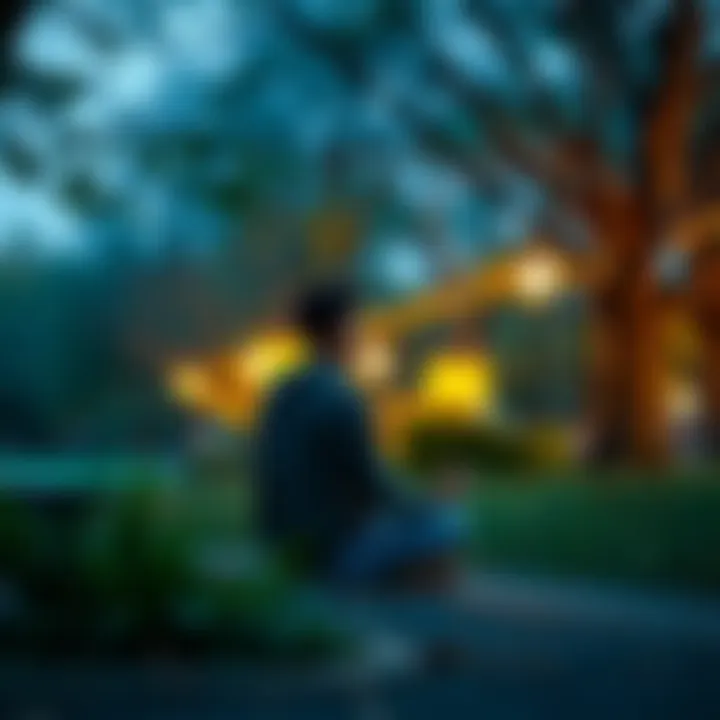 A person sitting quietly in a park, practicing mindfulness during a tough time, surrounded by nature.