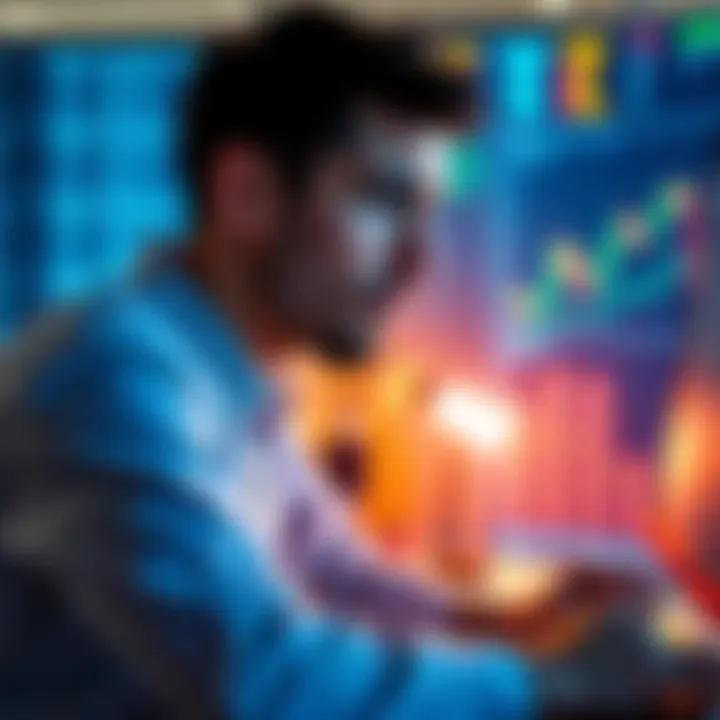 A trader looking focused while analyzing cryptocurrency charts on a computer, showing signs of calm intensity and strategic thinking during market fluctuations.