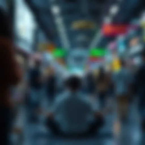 A person practicing meditation in a busy environment, demonstrating tranquility amidst noise and activity.