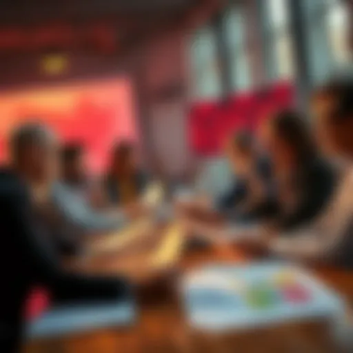 A group of people discussing campaign strategies at a table with papers and charts, showing early movements in a campaign.