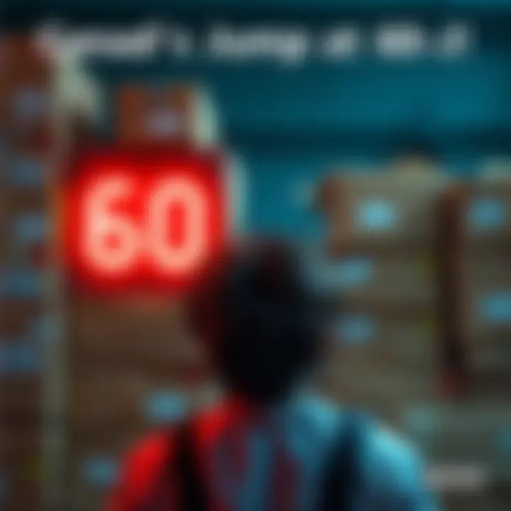 A person looks at stacked parcels with a number 60 displayed, showing excitement and concern about parcel management.