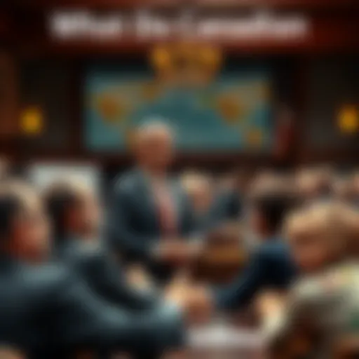 A Canadian mayor in a suit discussing with local community members at a town hall meeting.