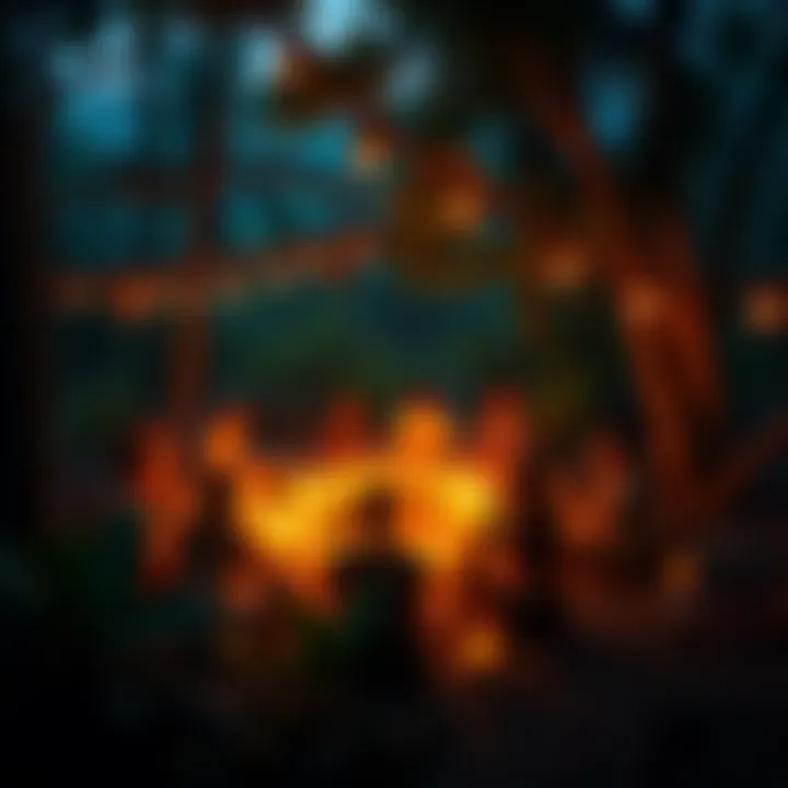 A group of people gathered around candles in a jungle setting, surrounded by trees and nature