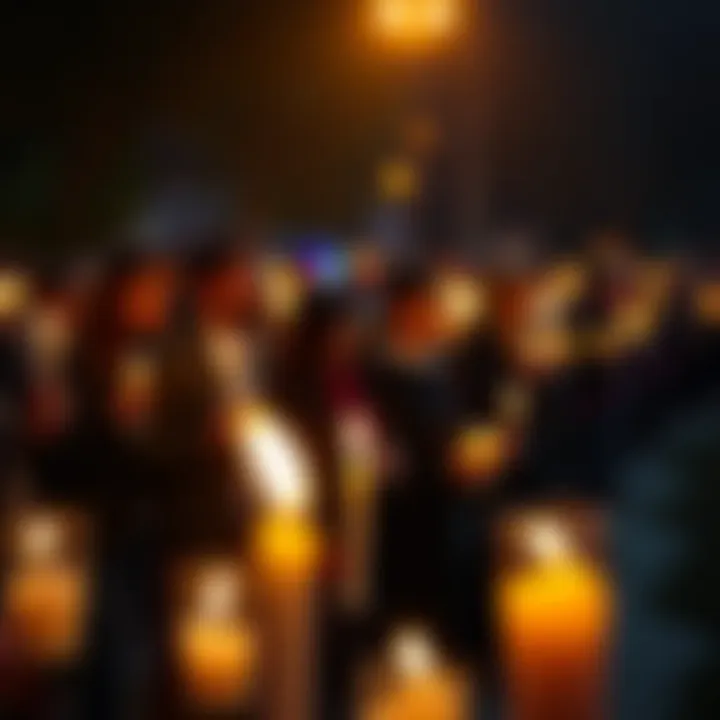 A group of people holding candles in a dark setting, paying tribute to lost loved ones at a vigil.