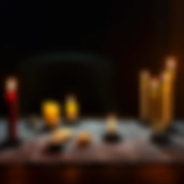A table with multiple lit candles in various colors, symbolizing commitment and struggle, surrounded by shadows.