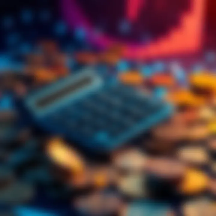 A calculator surrounded by scattered coins and digital transaction symbols representing lost records