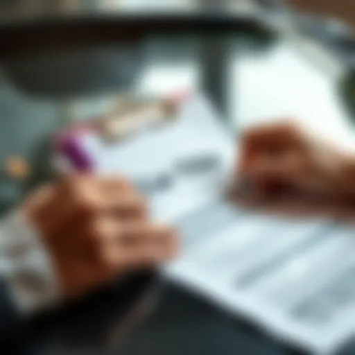A person filling out car title paperwork with a business name on the document