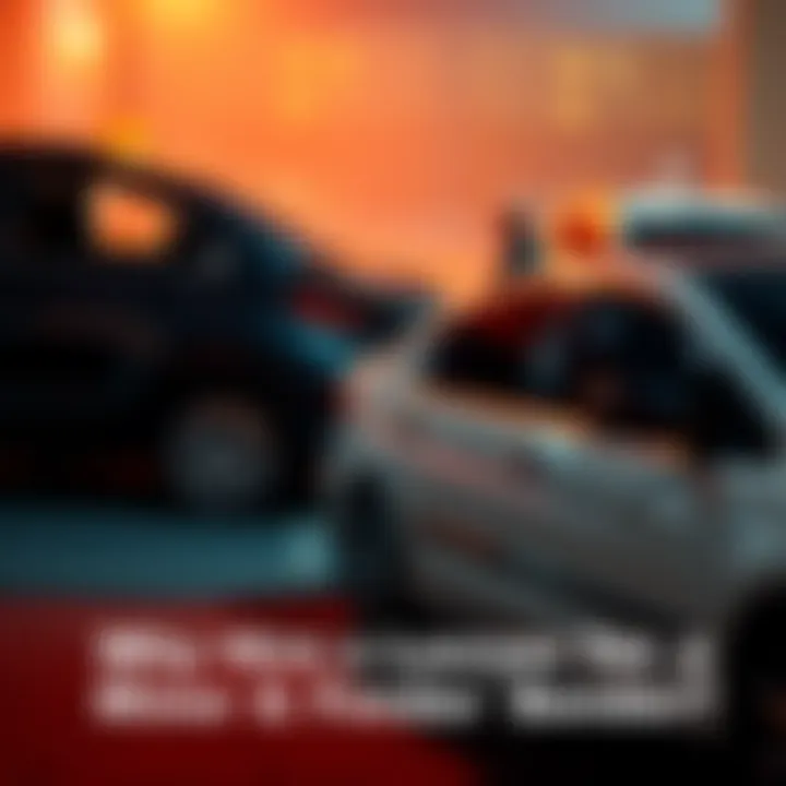 A small car with damage parked next to another car, with a person discussing the incident with a concerned onlooker.