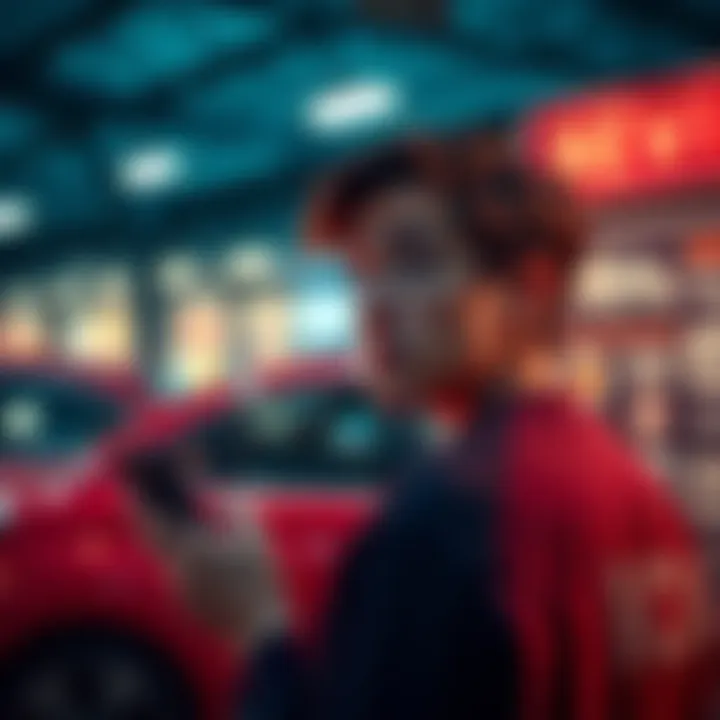 A person looking confused while holding a phone near a car auction listing.