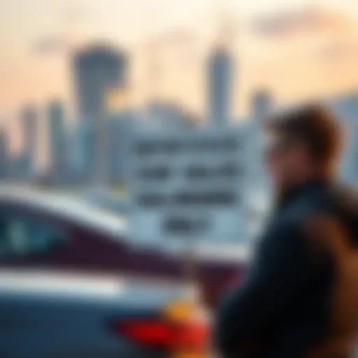 A frustrated buyer looking at cars for sale with a sign indicating out-of-state sales only, showing a city skyline in the background.