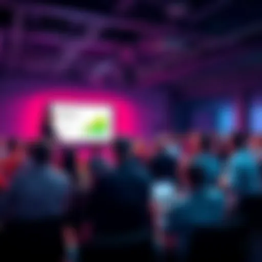 A group of people attending a masterclass on blockchain technology focused on sustainability, featuring a presentation screen and engaging discussions.