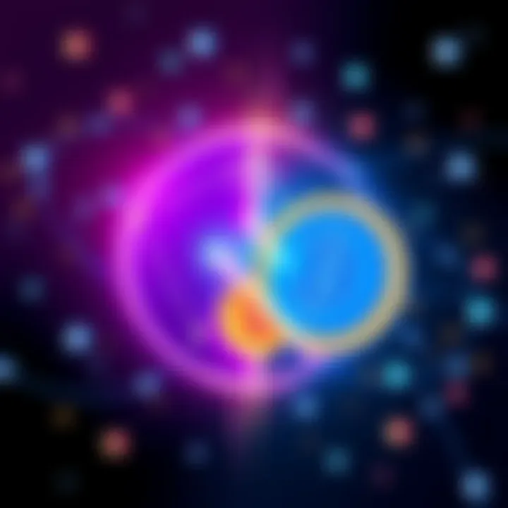 Illustration showing a seamless atomic swap transaction between Cardano and Bitcoin symbols without intermediaries