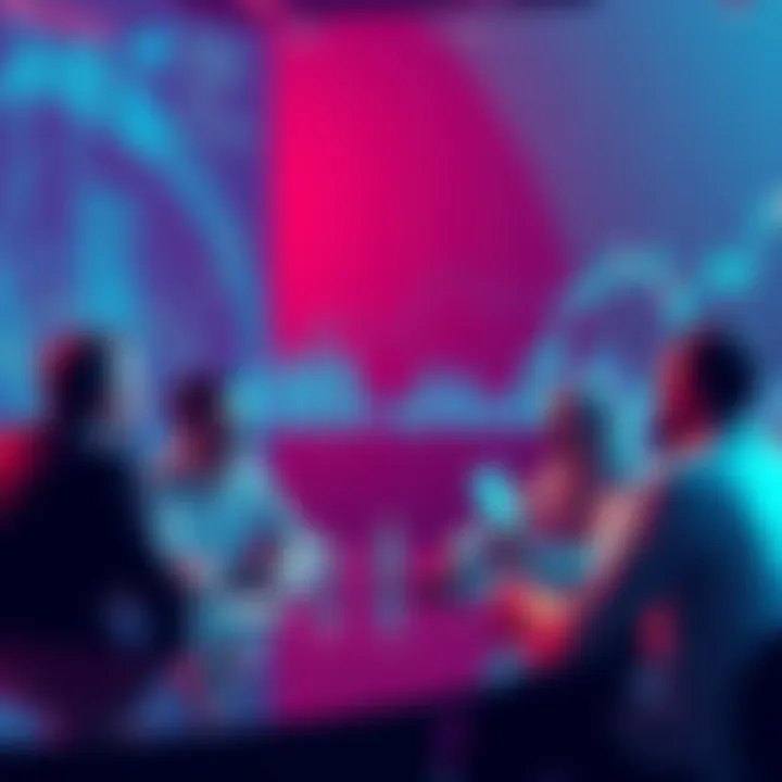 Cardano Blockchain Discussion People discussing Cardano's governance issues with charts and graphs in the background.