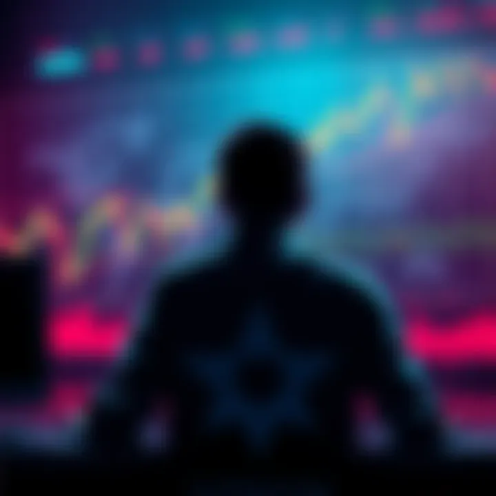 A graphic illustrating the Cardano logo with a backdrop of a worried investor looking at charts, symbolizing the tension in the ADA market and the Chancellors situation.