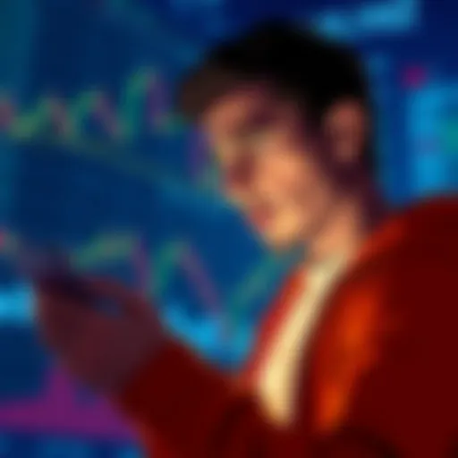 A person looking worried while checking market charts on a smartphone, contemplating selling their cryptocurrency investments.