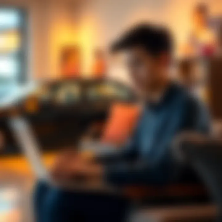 A young professional looking at a laptop, contemplating a job switch while calculating expenses for a used car, with a family photo in the background.