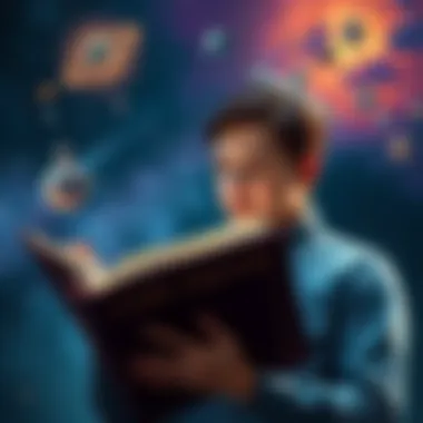 A young person reading Carl Sagan's book 'Cosmos' with a thoughtful expression, surrounded by stars and galaxies.