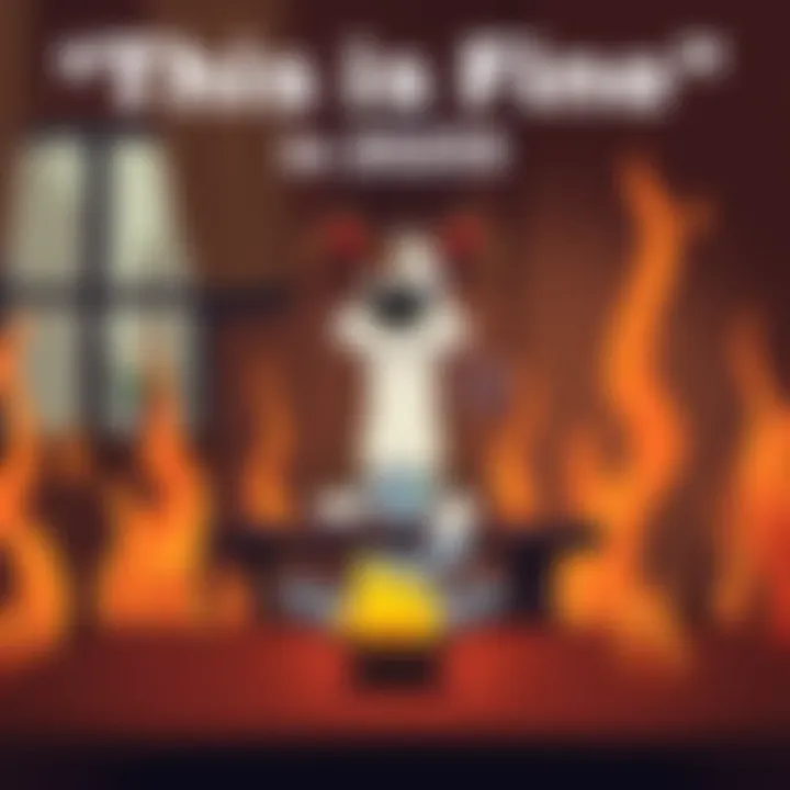 A cartoon dog sitting at a table with a coffee cup, looking relaxed while flames surround him in a chaotic setting, symbolizing the phrase 'This is Fine'.