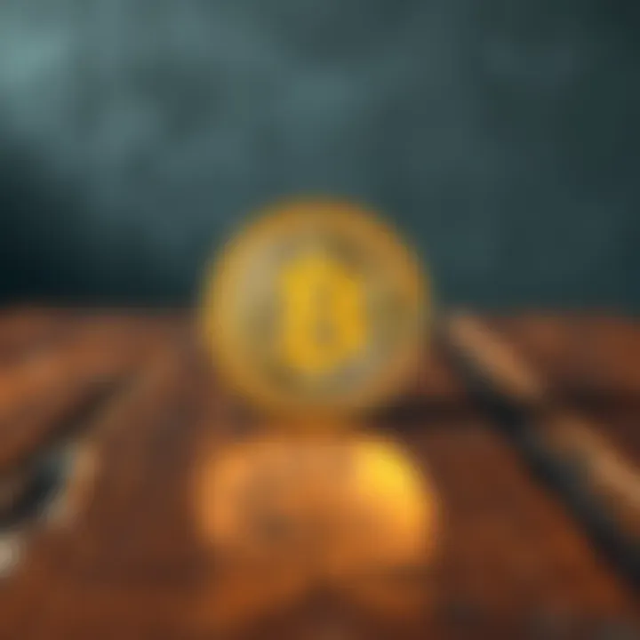 A shiny Casascius Coin placed on a rustic wooden table, reflecting light, symbolizing its value and history in the Bitcoin community.