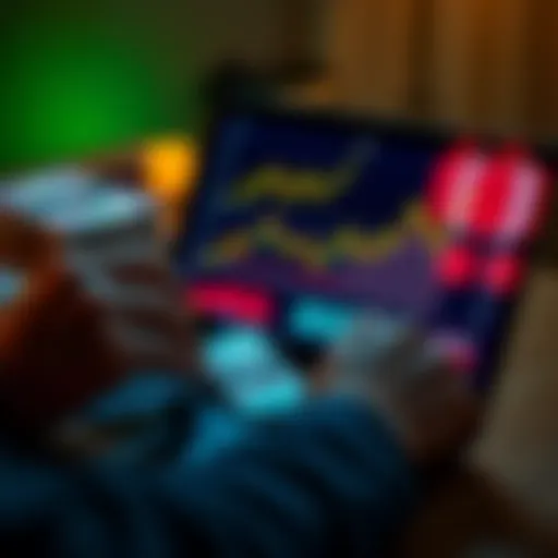 A person examining digital financial platforms on a laptop with cash and graphs displayed, representing investment options in DeFi.
