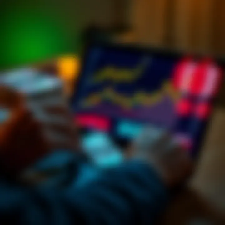 A person examining digital financial platforms on a laptop with cash and graphs displayed, representing investment options in DeFi.