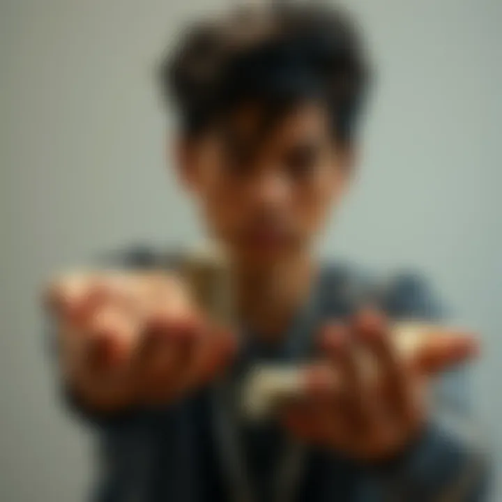 A person holding a stack of coins in one hand and cash in the other, looking indecisive