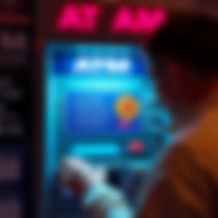 A person using a Bitcoin ATM to cash out Bitcoin. The machine displays Bitcoin options and cash output.