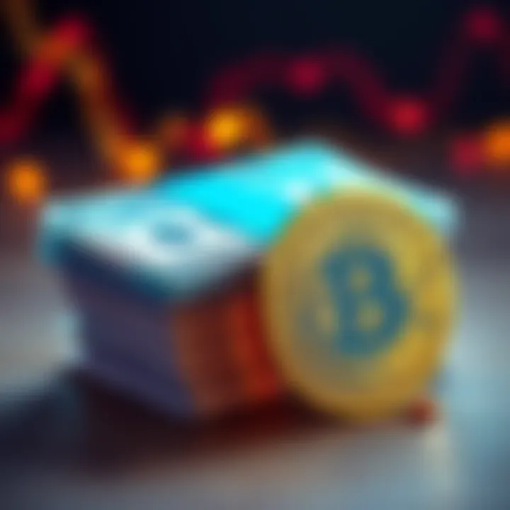 A visual comparison of cash and Bitcoin, showing a stack of cash next to a Bitcoin symbol.