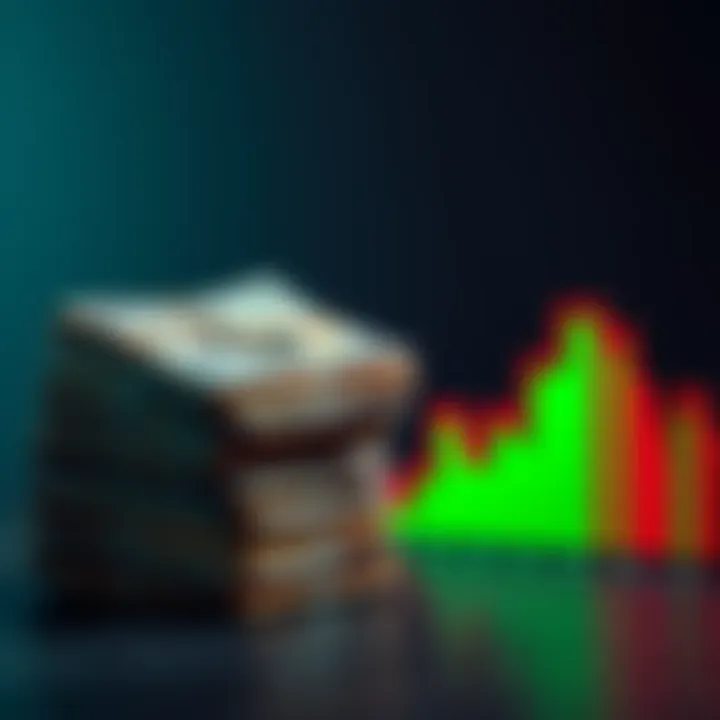 A stack of cash next to a declining stock market graph, illustrating the comparison between tangible investments and stock investments.