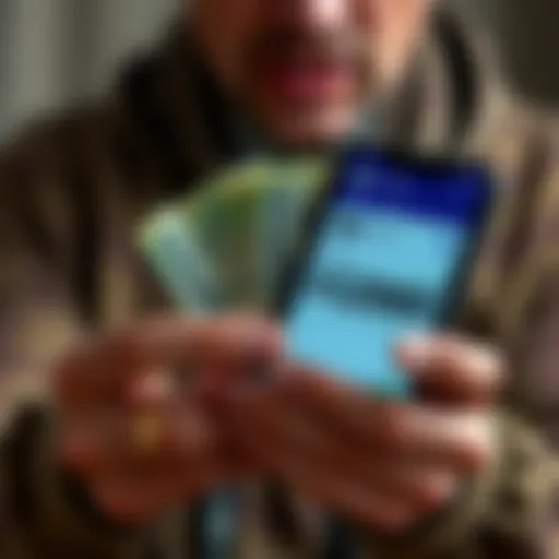 A close-up of a person holding cash and a phone displaying a cash withdrawal app, showing confusion over payout issues.