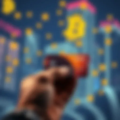 A person holding a debit card with cryptocurrency symbols in the background, representing cashing out crypto in Singapore.