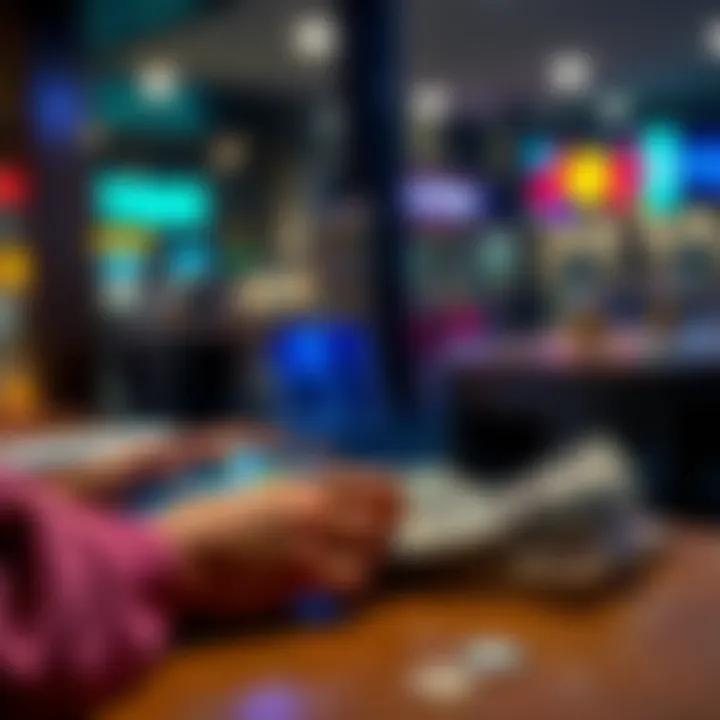 Cashing Out Cryptocurrency A person using a smartphone with cryptocurrency symbols, sitting at a table with cash and credit cards for purchases.