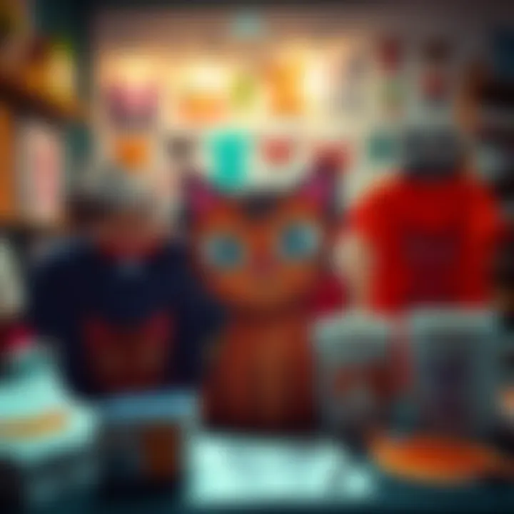 A mother displays her son's cute cat drawings on T-shirts and mugs, showcasing the idea of turning art into merchandise.