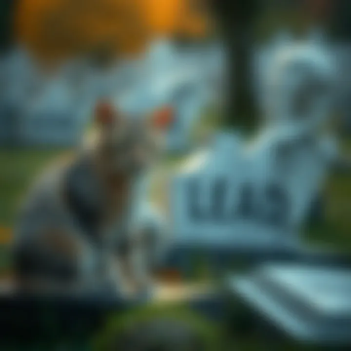 A cat resting beside a gravestone, symbolizing the saying about cats having nine lives.