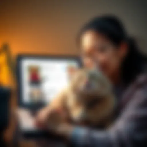 A person smiling while holding a fluffy cat, with a laptop open showing a forum about cats in the background
