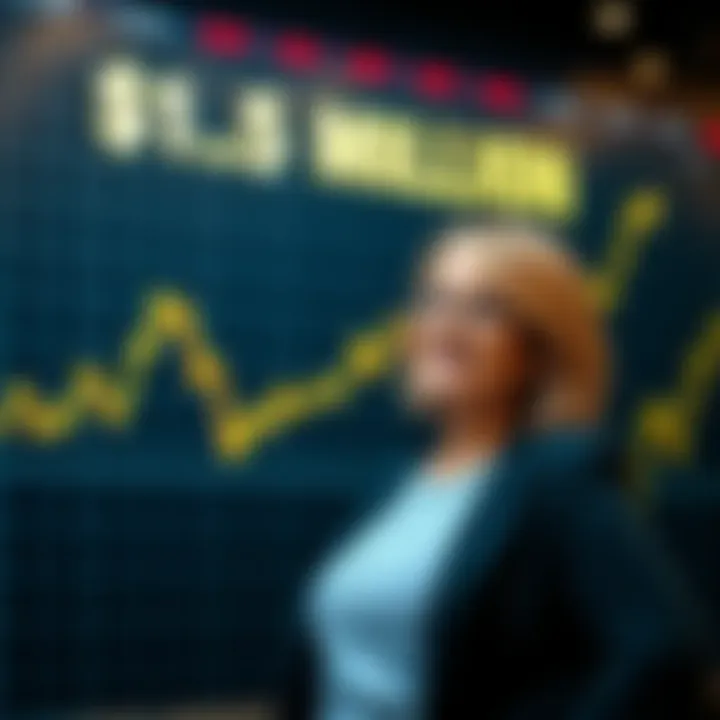 Cathie Wood standing in front of a graph highlighting Bitcoin's $1.5 million price forecast, with a confident expression