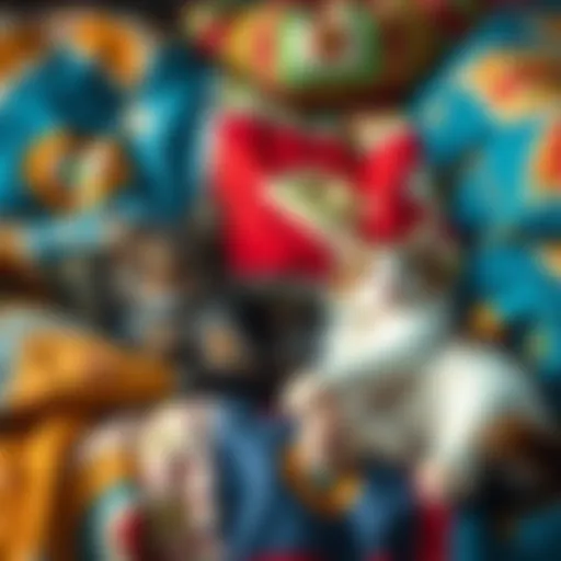 Two cats lounging peacefully on colorful quilts, exuding a calm and cozy vibe