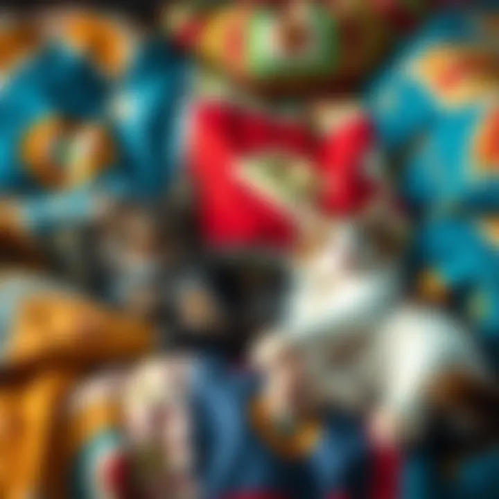 Two cats lounging peacefully on colorful quilts, exuding a calm and cozy vibe