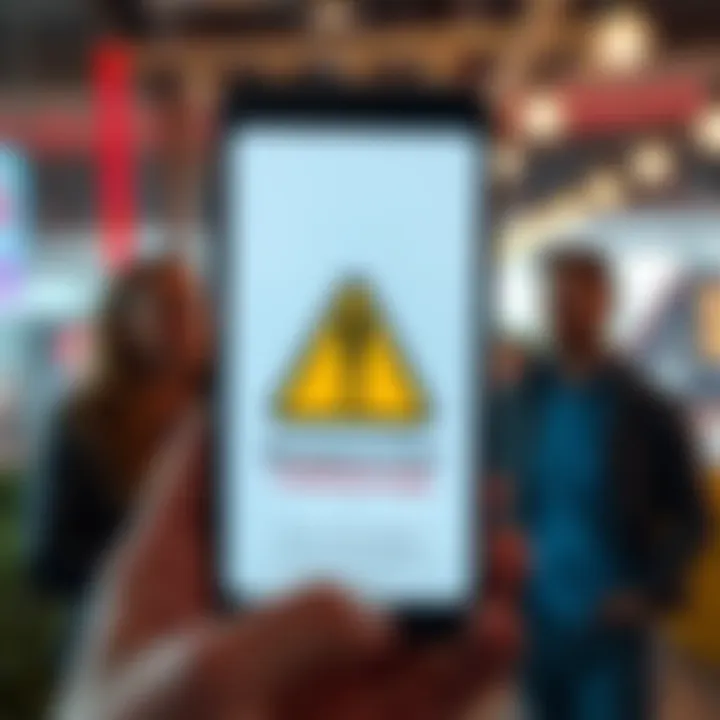 A smartphone displaying the Confluence app with a warning sign indicating potential risks. Friends discussing the app in the background.